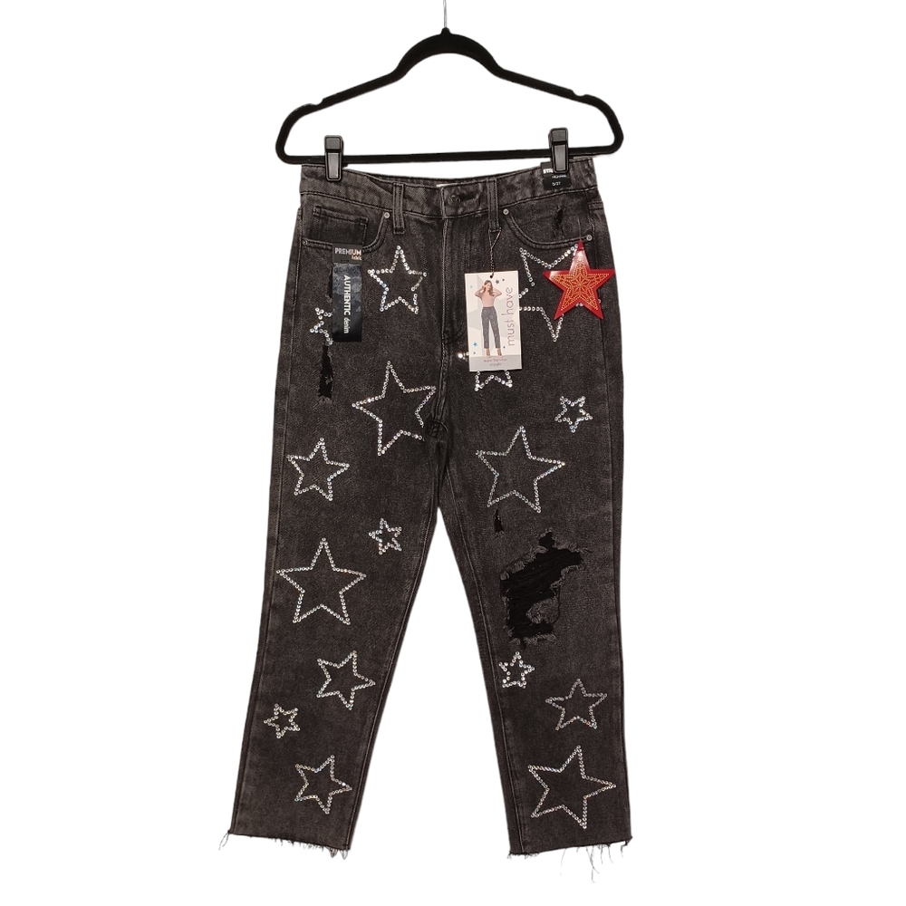 SIMPLE SOCIETY Super High Rise Rhinestone Star Print Straight Leg Jeans 5 NWT